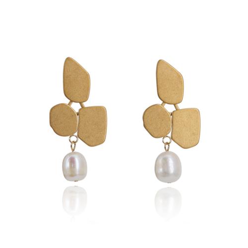 Titanium Steel  Earring, with Plastic Pearl, plated, for woman, golden, 19x31x0.70mm, Sold By Pair