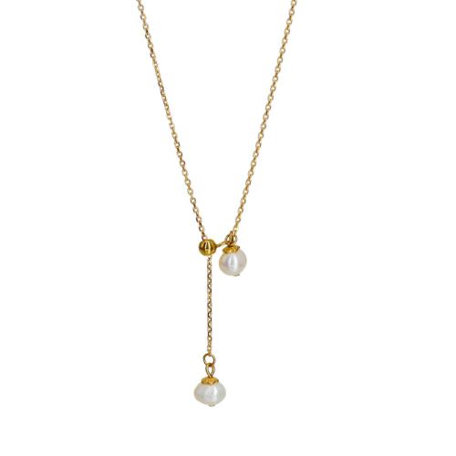 Collar de Acero Titanio, Partículas de acero, con Perlas cultivadas de agua dulce, con 5cm extender cadena, para mujer, dorado, longitud:43 cm, Vendido por UD