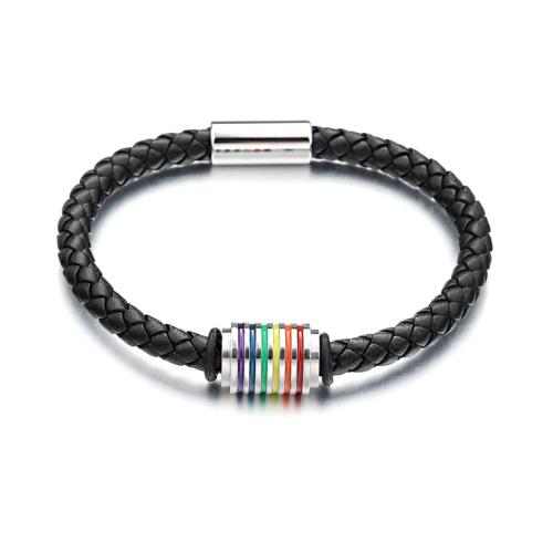 Leather Cord Bracelet, 304 Stainless Steel, with leather cord, polished, for man & enamel, more colors for choice, Length:20 cm, Sold By PC