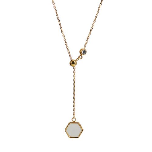 Титановые стали ожерелье, титан, с Белая ракушка, с 5cm наполнитель цепи, Женский & со стразами, Золотой, длина:43 см, продается PC