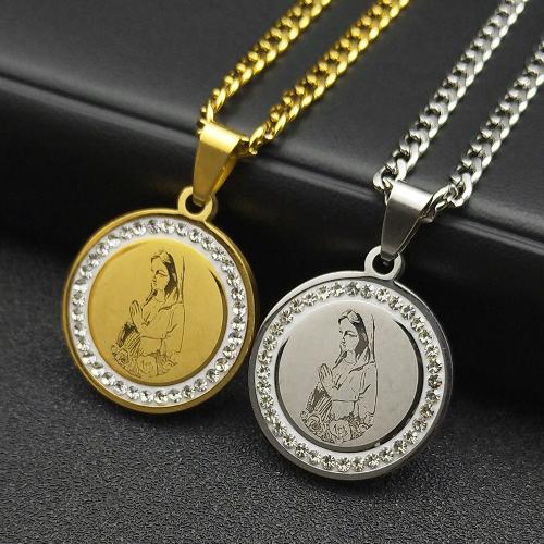 Stainless Steel Jewelry Necklace, 304 Stainless Steel, Round, fashion jewelry & Unisex & with rhinestone, more colors for choice, 25x25mm, Length:Approx 60 cm, Sold By PC