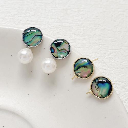 Brass Earring Stud Component, with Abalone Shell, plated, DIY, more colors for choice, nickel, lead & cadmium free, Sold By Pair