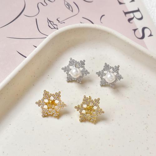 Brass Earring Stud Component, Snowflake, plated, DIY & micro pave cubic zirconia, more colors for choice, nickel, lead & cadmium free, 15x17mm, Sold By Pair