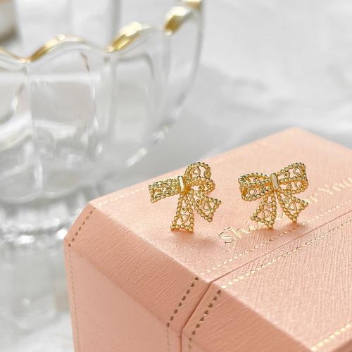 Brass Stud Earring Bowknot gold color plated fashion jewelry golden nickel lead & cadmium free Sold By Pair