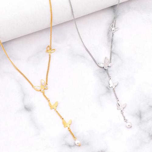 Sweater Chain Necklace, Titanium Steel, with Plastic Pearl, with 6cm extender chain, plated, fashion jewelry & for woman, more colors for choice, Length:Approx 40.5 cm, Sold By PC