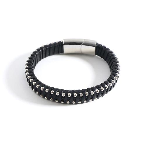 Bracelets cordon PU, Acier inoxydable 304, avec cordon en cuir, styles différents pour le choix & pour homme, noire, Vendu par PC