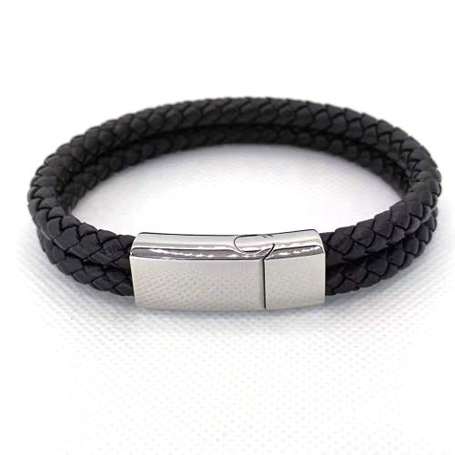 PU Leather Cord Bracelets, 304 Stainless Steel, with leather cord, polished, for man, more colors for choice, Length:21 cm, Sold By PC