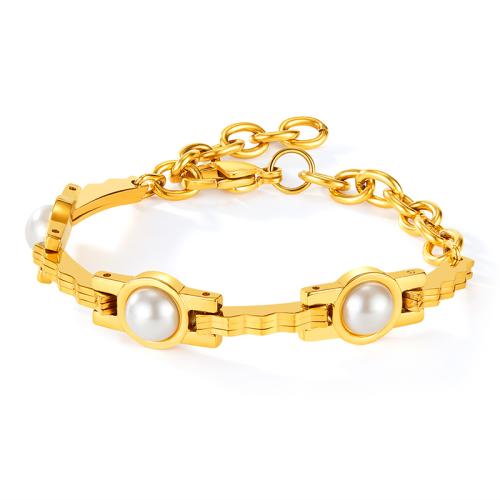 Edelstahl Schmuck Armband, 304 Edelstahl, mit Kunststoff Perlen, plattiert, für Frau, goldfarben, verkauft von PC
