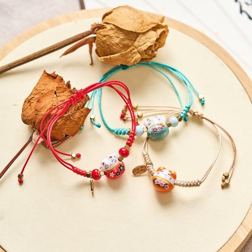 Porcelain Bracelet with Polyester Cord & Zinc Alloy Fortune Cat handmade braided & for woman Length Approx 6-10 Inch Sold By PC