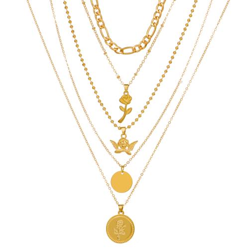 Collar de Aleación de Zinc, chapado en color dorado, Joyería & multicapa & para mujer, longitud:aproximado 55 cm, Vendido por Set