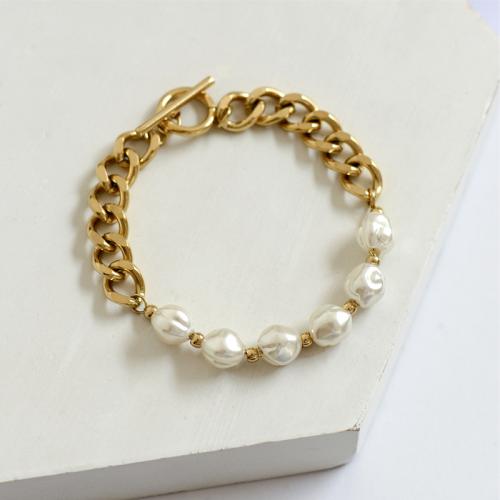 Titanium Steel Bracelet & Bangle, with Plastic Pearl, 18K gold plated, fashion jewelry & for woman, golden, Length:Approx 16 cm, Sold By PC