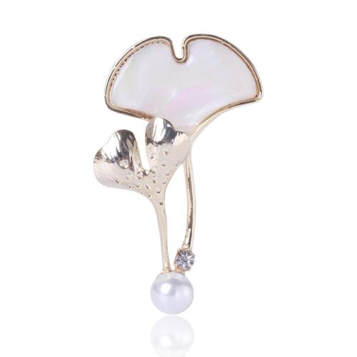 Zinc Alloy Brooches with Plastic Pearl Ginkgo Leaf gold color plated for woman & enamel & with rhinestone nickel lead & cadmium free Sold By PC