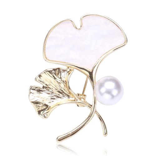 Zinc Alloy Brooches with Plastic Pearl Ginkgo Leaf gold color plated for woman & enamel nickel lead & cadmium free Sold By PC