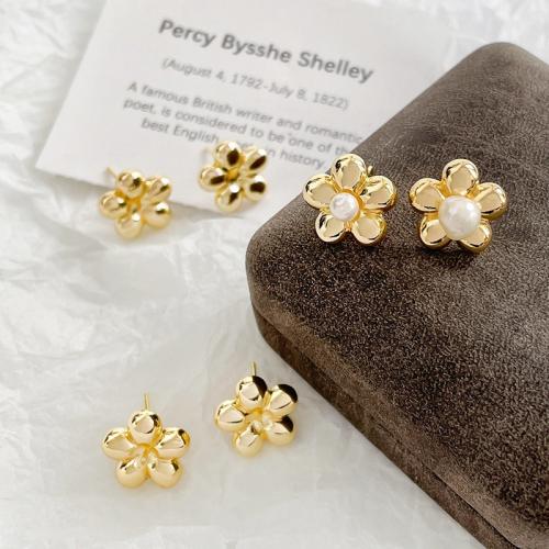 Brass Earring Stud Component, Flower, gold color plated, DIY, golden, nickel, lead & cadmium free, 14x14mm, Sold By Pair