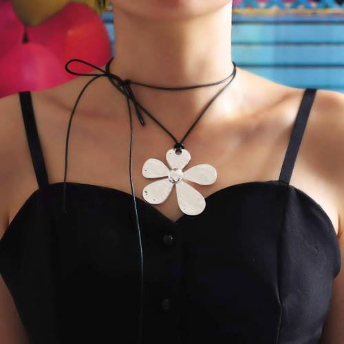 PU Leather Cord Necklace, Tibetan Style, with PU Leather, Flower, plated, fashion jewelry, more colors for choice, nickel, lead & cadmium free, Length:132 cm, Sold By PC