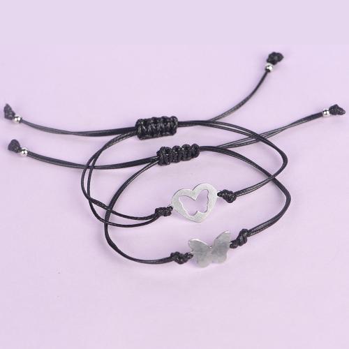Mode créer Bracelets cordon de cire, Acier inoxydable 304, avec corde de cire, 2 pièces & unisexe, argent, Longueur:16 cm, Vendu par fixé