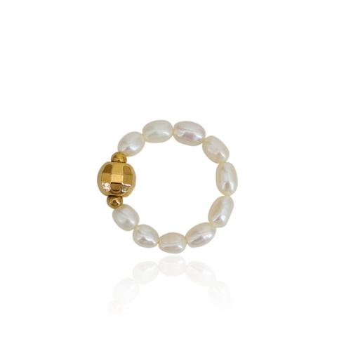 Titanium Steel Finger Ring with Freshwater Pearl handmade Adjustable & for woman golden Sold By PC