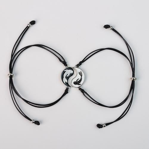 Пара браслет и браслет, цинковый сплав, с Восковой шнур, Связанный вручную, 2 шт. & Мужская & эмаль, белый и черный, длина:16 см, продается PC