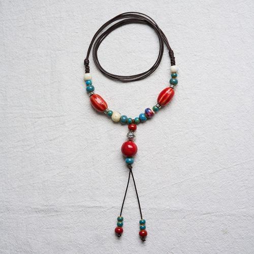 Porcelain Necklace with Wax Cord & Zinc Alloy handmade folk style & for woman Length Approx 23.6-27.5 Inch Sold By PC
