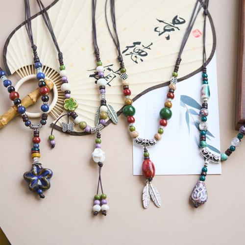 Porcelain Necklace, with Wax Cord & Tibetan Style, handmade, folk style & different styles for choice & for woman, Length:Approx 23.6-27.5 Inch, Sold By PC