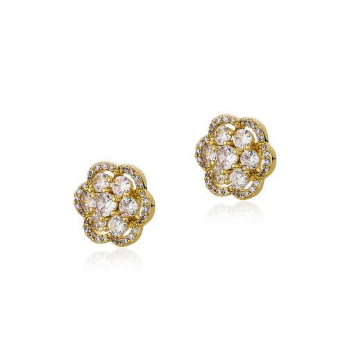 Brass Stud Earring Flower gold color plated micro pave cubic zirconia & for woman Sold By Pair