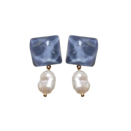 Boucle d'oreille résine, avec perle de plastique, bijoux de mode & pour femme, bleu, 38mm, Vendu par paire