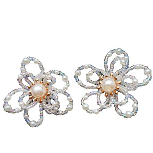 perle de plastique Clip boucle d’oreille, avec cristal, fleur, bijoux de mode & styles différents pour le choix & pour femme, blanc, 60mm, Vendu par paire