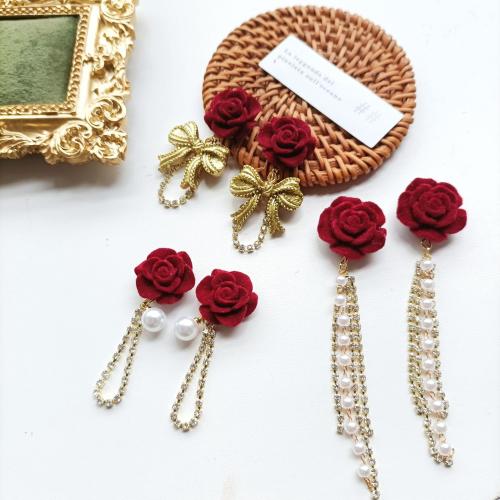 Flocking Fabric Tassel Earring, med Plastic Pearl, mode smykker & forskellige stilarter for valg & for kvinde & med rhinestone, Solgt af par