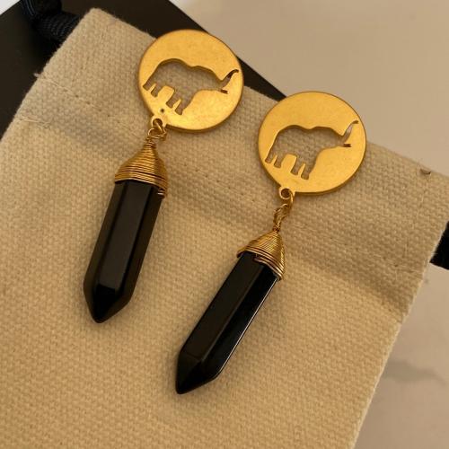 Boucles d'oreilles pendantes en laiton, avec verre, Plaqué d'or, bijoux de mode & pour femme, noire, 60x20mm, Vendu par paire