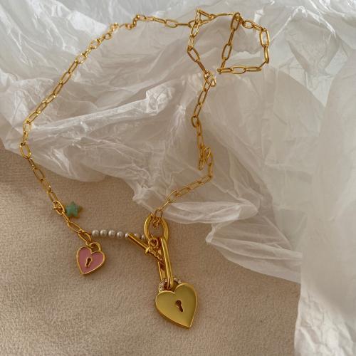 النحاس قلادة, مع لؤلؤة البلاستيك, مجوهرات الموضة & للمرأة, ذهبي, طول تقريبا 48 سم, تباع بواسطة PC