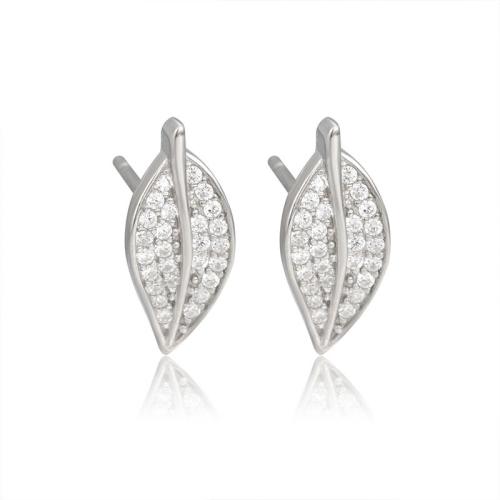 Cubic Zirconia Micro Pave Sterling Silver Earring 925 Sterling Silver Leaf fashion jewelry & micro pave cubic zirconia & for woman 13.90mm Sold By Pair