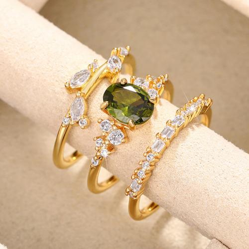 Conjunto de anillo de latón de moda, metal, tres piezas & diverso tamaño para la opción & micro arcilla de zirconia cúbica & para mujer, dorado, Vendido por Set