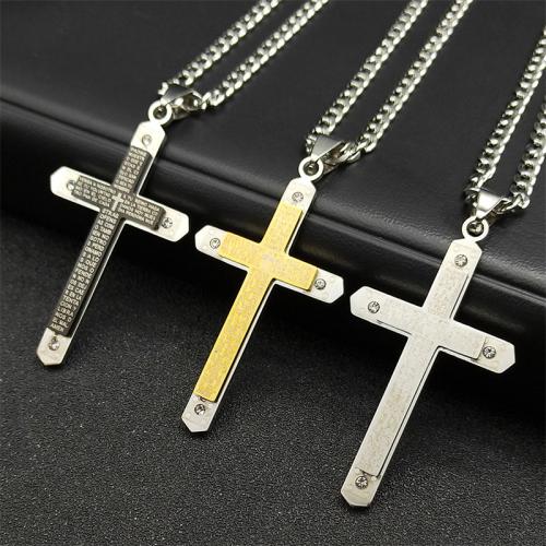 Stainless Steel Jewelry Necklace, 304 Stainless Steel, Cross, fashion jewelry & Unisex & with rhinestone, more colors for choice, 47x28mm, Length:Approx 60 cm, Sold By PC