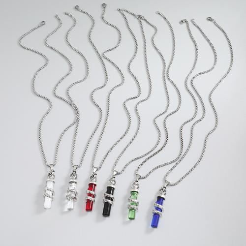 Stainless Steel Jewelry Necklace, 304 Stainless Steel Chain, with Glass & Tibetan Style, silver color plated, fashion jewelry & for man, more colors for choice, Length:Approx 60 cm, Sold By PC