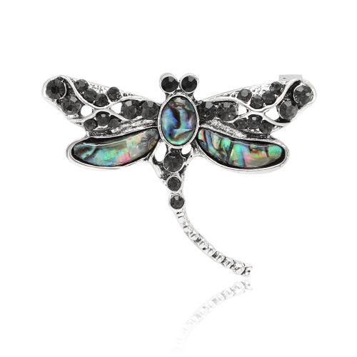 Tibetan Style Brooches, with Abalone Shell, Dragonfly, silver color plated, for woman & with rhinestone, nickel, lead & cadmium free, 44x33mm, Sold By PC