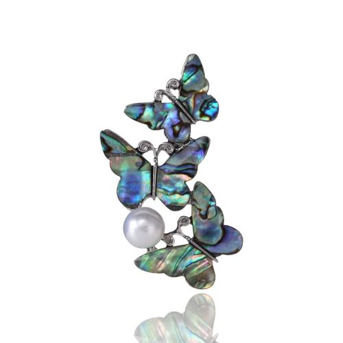 Zinklegierung Broschen, mit Seeohr Muschel & Kunststoff Perlen, Schmetterling, silberfarben plattiert, für Frau, frei von Nickel, Blei & Kadmium, 26x43mm, verkauft von PC