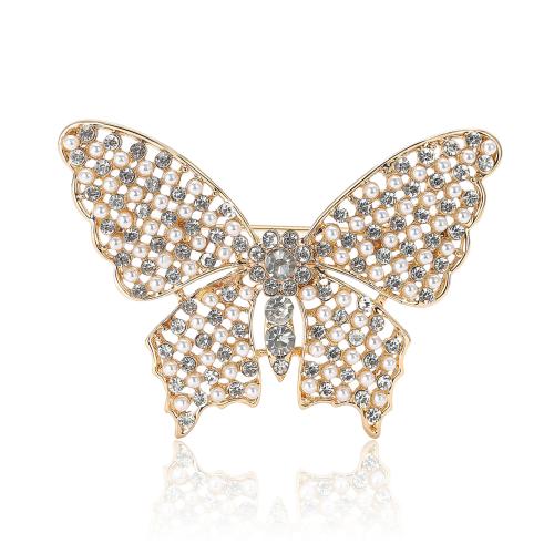 Zinc Alloy Brooches with Plastic Pearl Butterfly plated for woman & with rhinestone nickel lead & cadmium free Sold By PC