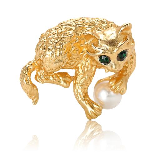 Tibetan Style Brooches, with Plastic Pearl, Cat, plated, Unisex & with rhinestone, more colors for choice, nickel, lead & cadmium free, 32x28mm, Sold By PC