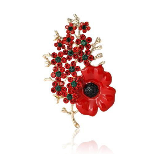 Zinc Alloy Brooches Flower gold color plated for woman & enamel & with rhinestone red nickel lead & cadmium free Sold By PC