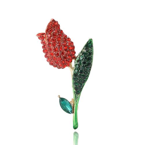 Tibetan Style Brooches, Tulip, gold color plated, for woman & with rhinestone, more colors for choice, nickel, lead & cadmium free, 26x55mm, Sold By PC