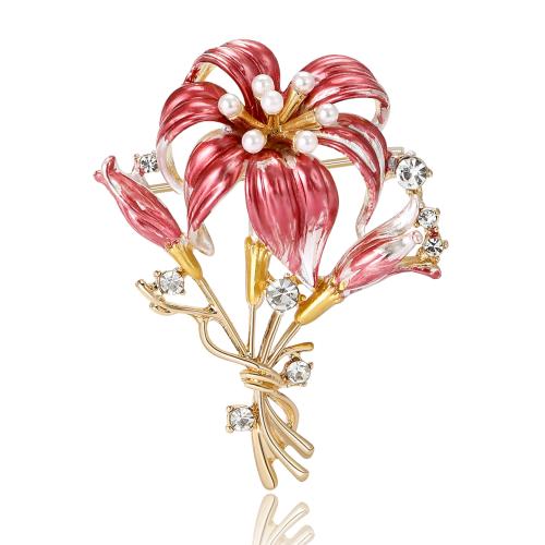 Zinc Alloy Brooches with Plastic Pearl Bouquet gold color plated for woman & enamel & with rhinestone nickel lead & cadmium free Sold By PC