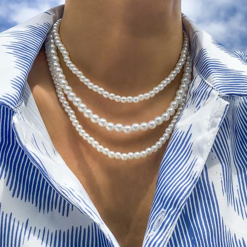 Műanyag gyöngy nyaklánc, Műanyag Pearl, három réteg & divat ékszerek, fehér, Által értékesített Set