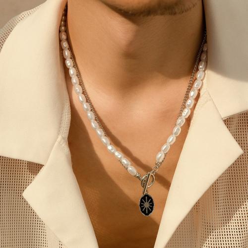 Eisen Halsketten, mit Kunststoff Perlen & Zinklegierung, silberfarben plattiert, Modeschmuck, Silberfarbe, Länge 51 cm, verkauft von PC
