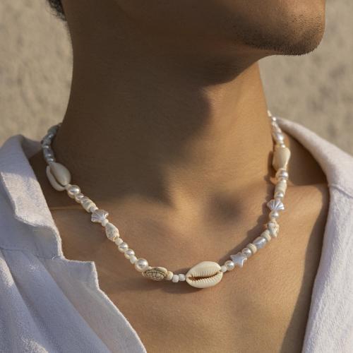Plastik-Perlenkette, Kunststoff Perlen, mit Muschel & Acryl, mit Verlängerungskettchen von 8cm, Modeschmuck, weiß, Länge 48.5 cm, verkauft von PC