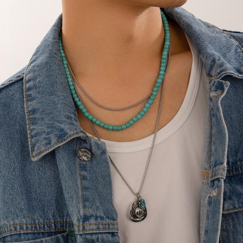 Iron Necklaces, with turquoise & Tibetan Style, silver color plated, fashion jewelry, silver color, Sold By PC