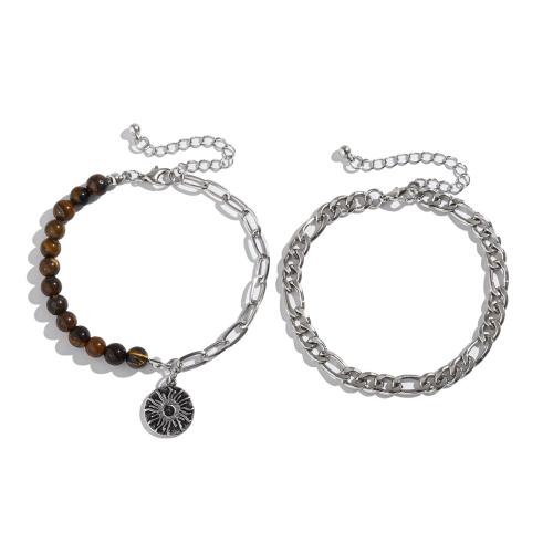 Fer Bracelets, avec oeil de tigre & alliage de zinc, Placage de couleur argentée, 2 pièces & bijoux de mode, argent, Vendu par PC