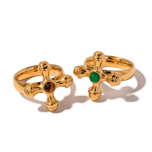 Stainless Steel Finger Ring, 304 Stainless Steel, with Gemstone, Cross, gold color plated, fashion jewelry & for woman, Inner Diameter:1.73cm, Sold By PC