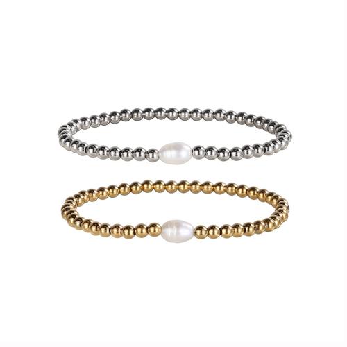 Stainless Steel Jewelry Bracelet, 304 Stainless Steel, with Freshwater Pearl, plated, fashion jewelry & for woman, more colors for choice, Length:Approx 17.5 cm, Sold By PC