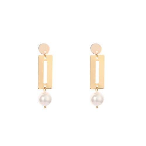 Brass Stud Earring, with Plastic Pearl, fashion jewelry & for woman, gold, 45mm, Sold By Pair