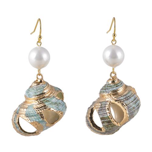 Shell Earrings, with Plastic Pearl, Conch, plated, fashion jewelry & for woman, 58mm, Sold By Pair